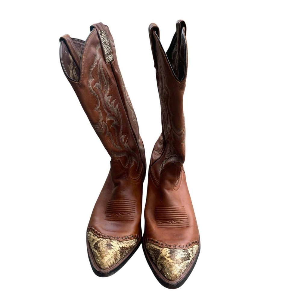 Vtg 80s Tony Lama Men 9D Snakeskin Wingtip Cowboy Boots Leather El Paso CY3511